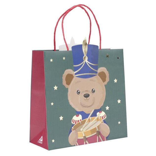 Sac cadeau No&euml;l fantasia ourson vert et rouge 23x9xH25cm
