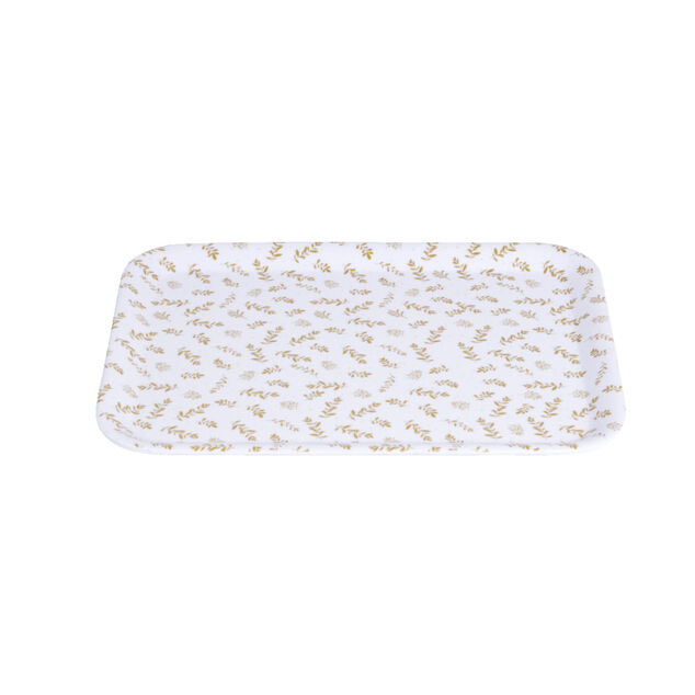 Plateau de service rectangulaire mélaminé blanc motif feuillage doré 21x28cm