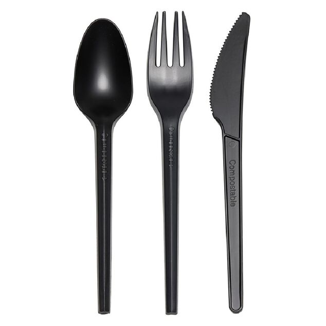 M&eacute;nag&egrave;re  r&eacute;utilisable noir 18 couverts &agrave; base d'amidon de ma&iuml;s