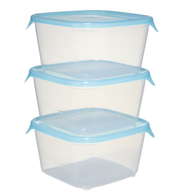 Bo&icirc;te alimentaire 1,2L x3 Fresh Go carr&eacute; plastique transparent et bleu 15,5x15,5cm