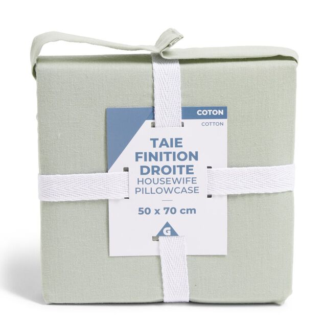 Taie d'oreiller 50x70cm 100% coton finition droite vert c&eacute;ladon