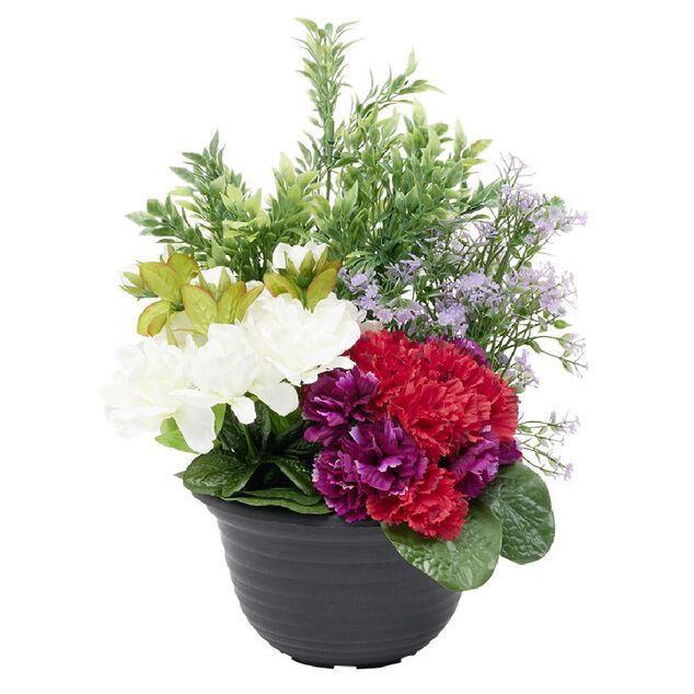 Composition artificielle sapin azal&eacute;e violette pens&eacute;e dans pot plastique H38cm