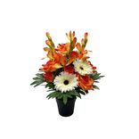 Pot fleurs artificielles rose/gerbera/lisiant orange et rouge 18 tiges H42cm