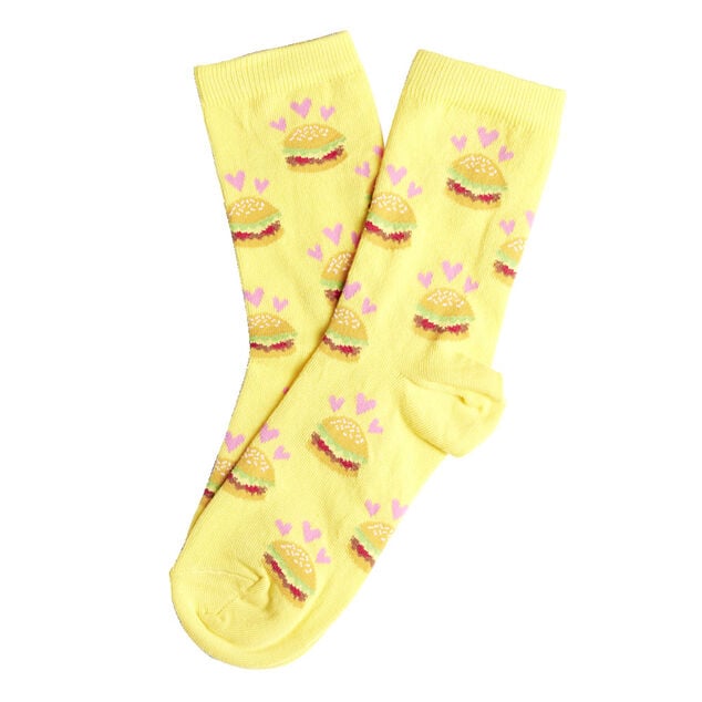 Chaussette femme polycoton tige longue jaune motif burger T36/40