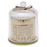 Bougie parfum&eacute;e beige sous cloche transparent dor&eacute;