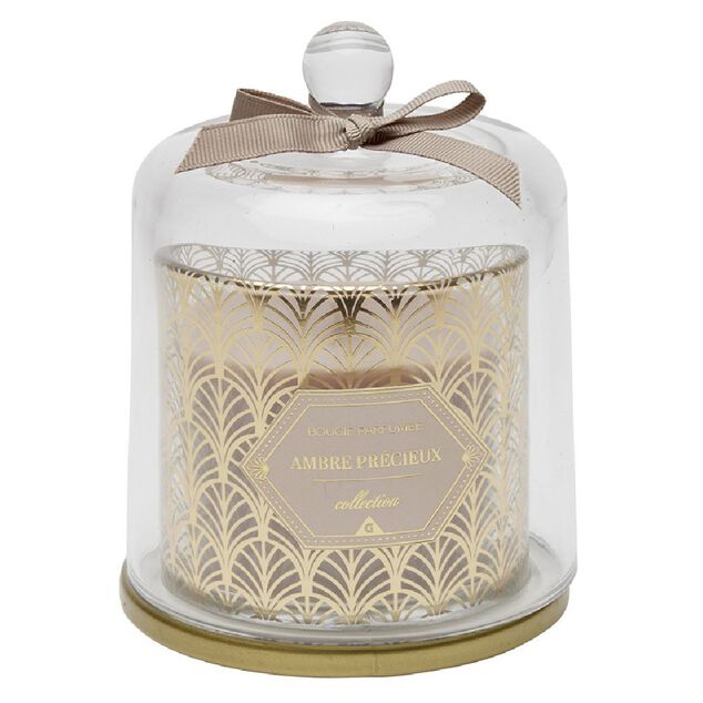 Bougie parfum&eacute;e beige sous cloche transparent dor&eacute;
