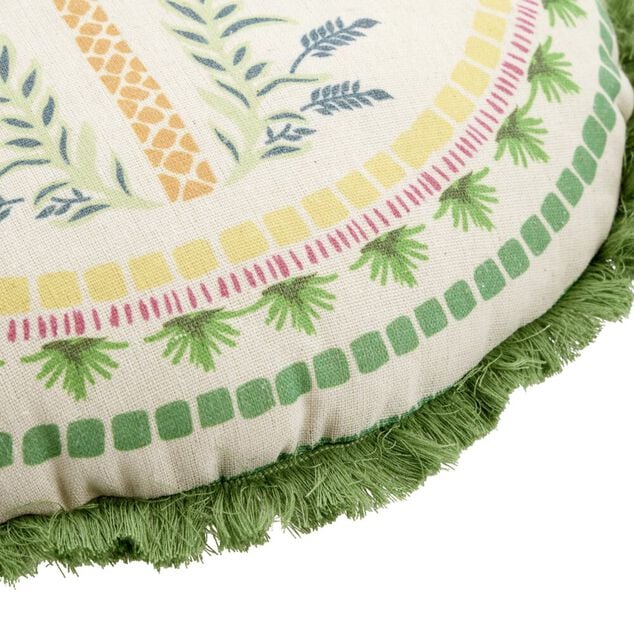 Coussin rond lin motif estival bord &agrave; franges &Oslash;40cm (2 mod&egrave;les soleil ou palmier)