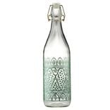 Bouteille en verre &agrave; fermeture m&eacute;canique motif ethnique vert &Oslash;8xH32cm