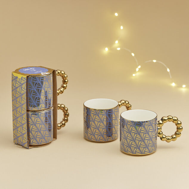 Lot de 2 mugs 30cl design chic bleu fonc&eacute; et dor&eacute;