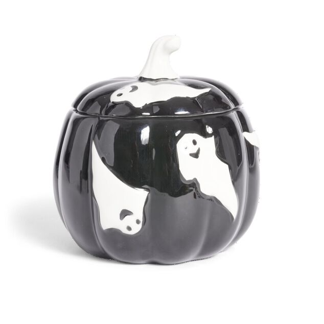Bonbonni&egrave;re Halloween 1L citrouille noire fant&ocirc;mes blancs &Oslash;13,5xH15,8cm