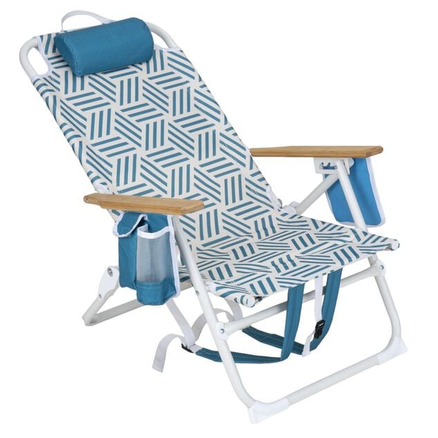 Chaise de plage pliante poign&eacute;es bambou poches lat&eacute;rales blanc et bleu 66x58xH81cm