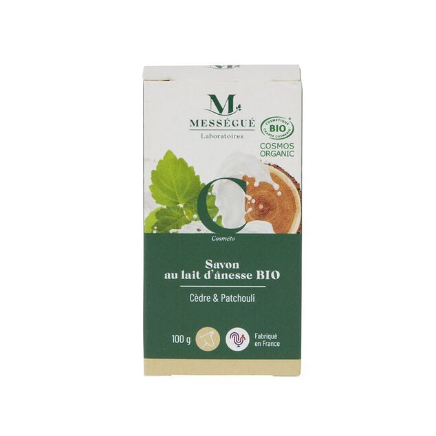 Savon au lait d'anesse bio Mess&eacute;gu&eacute; senteur c&egrave;dre et patchouli 100gr