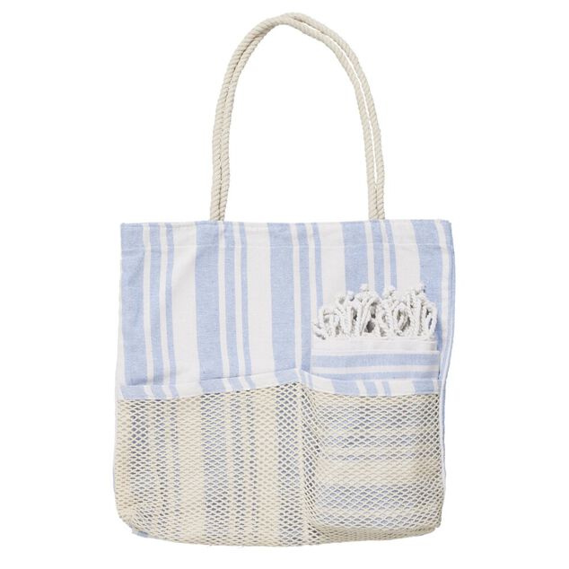 Sac de plage avec fouta &agrave; rayures 90x170cm (2 mod&egrave;les bleu ou rose)