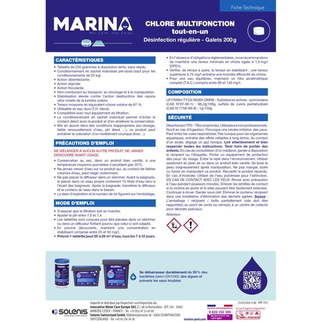 Chlore multifonctions galet 200g Marina 5kg