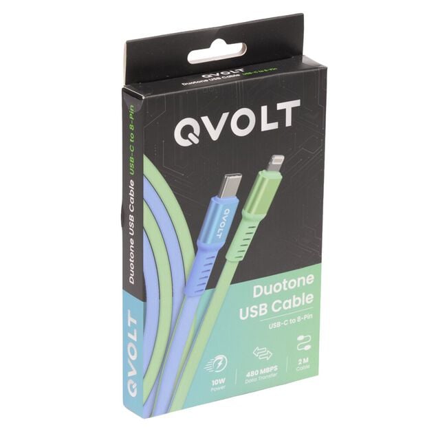 C&acirc;ble USB-C vers Lightning charge rapide bicolore vert et bleu 2m