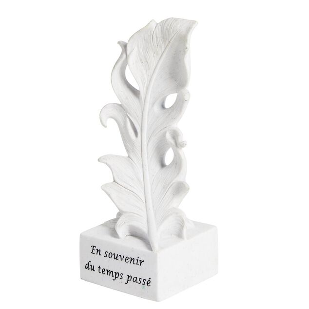 D&eacute;cor fun&eacute;raire polyr&eacute;sine plume blanche avec message H28cm