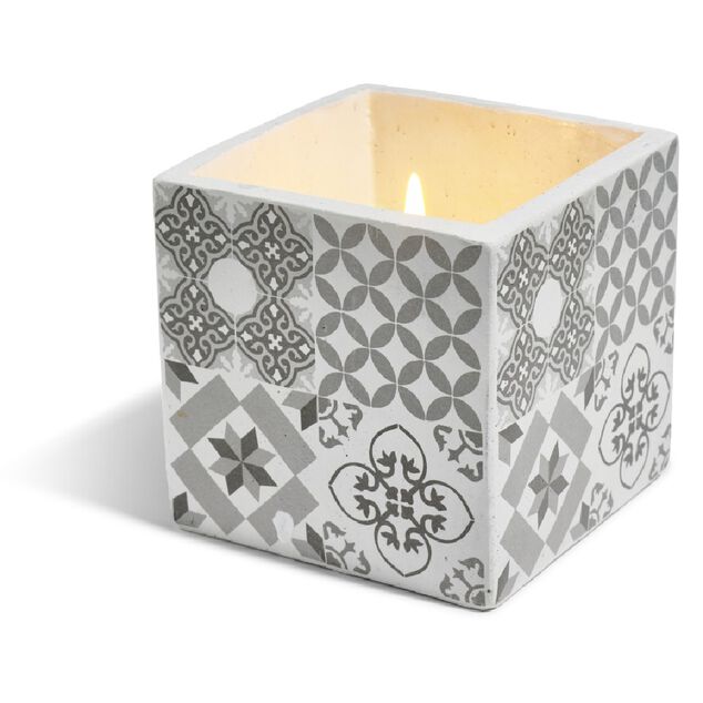 Bougie citronnelle pot ciment carr&eacute; motifs carreaux gris 11x11x11cm