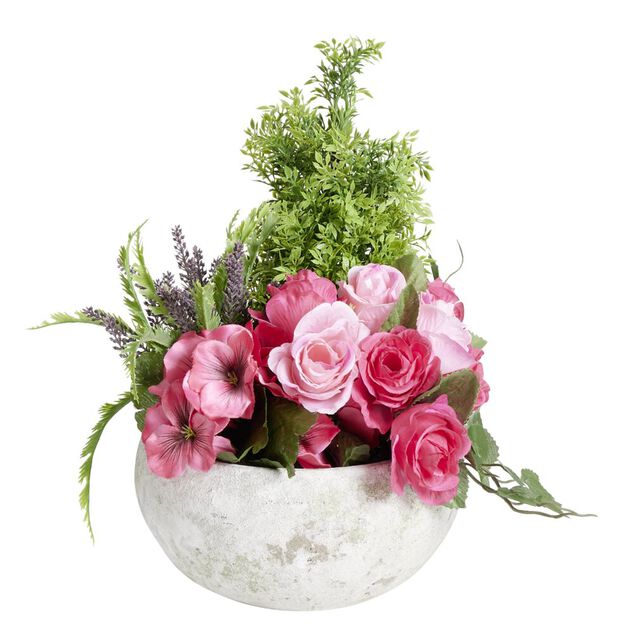 Vasque fleurs artificielles buis/boutons de roses/lys/pens&eacute;es/bruy&egrave;re &Oslash;35xH36cm