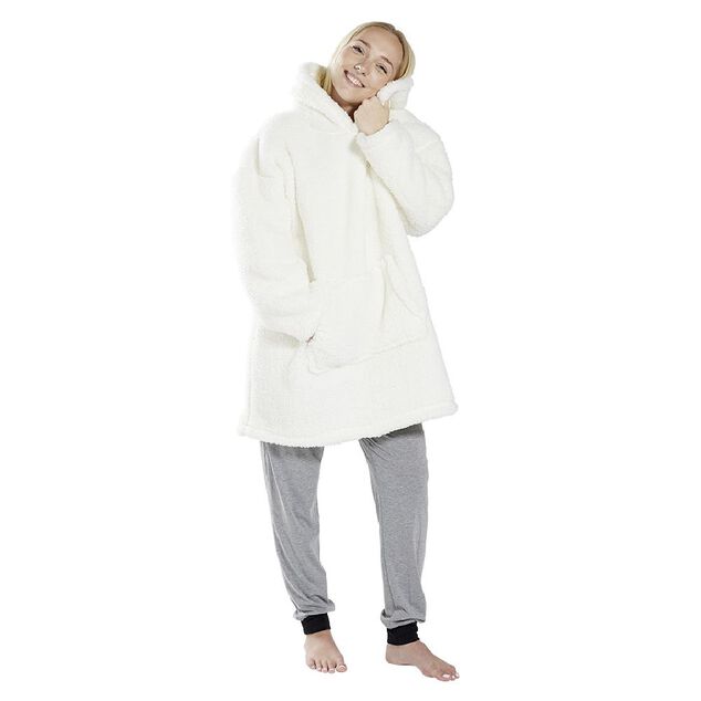 Pull plaid adulte polaire &agrave; capuche - beige ou blanc