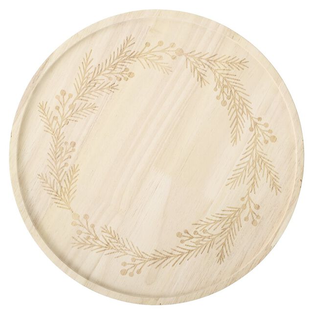 Plateau de pr&eacute;sentation en bois grav&eacute; couronne de No&euml;l &Oslash;28XH10 cm vert et naturel