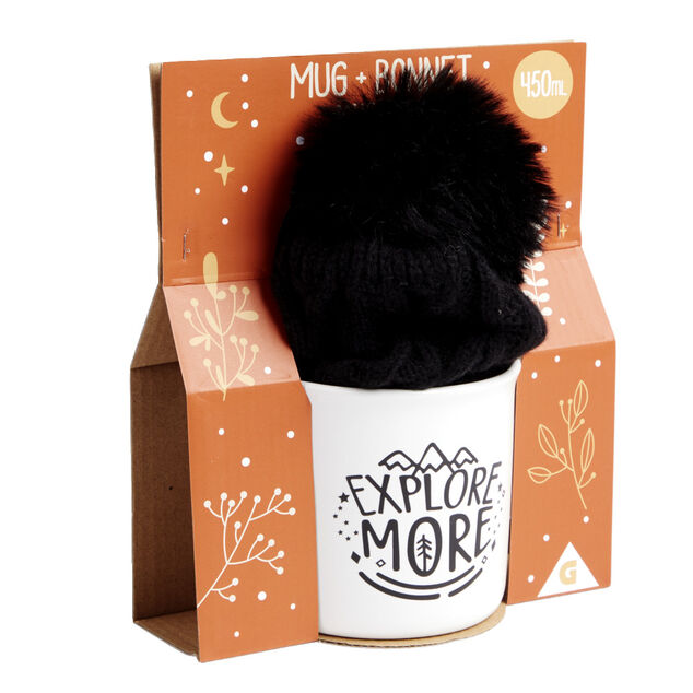 Ensemble mug 450ml fa&iuml;ence avec bonnet &agrave; pompon noir