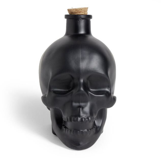 Bouteille poison d&eacute;coration Halloween cr&acirc;ne en verre noir 10x8,5xH14cm