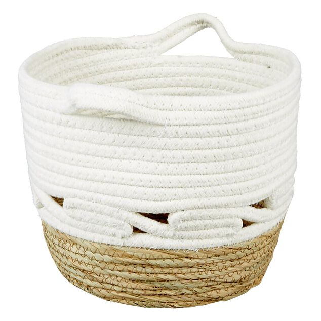 Pani&egrave;re coton jute blanc cass&eacute; et naturel petit mod&egrave;le &Oslash;23xH20cm