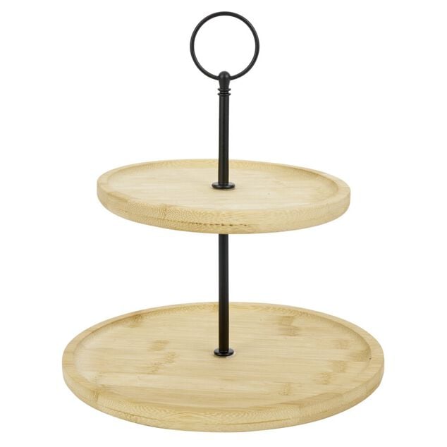 Plateau de pr&eacute;sentation 2 niveaux en bambou et fer &Oslash;16,5xH21,5cm