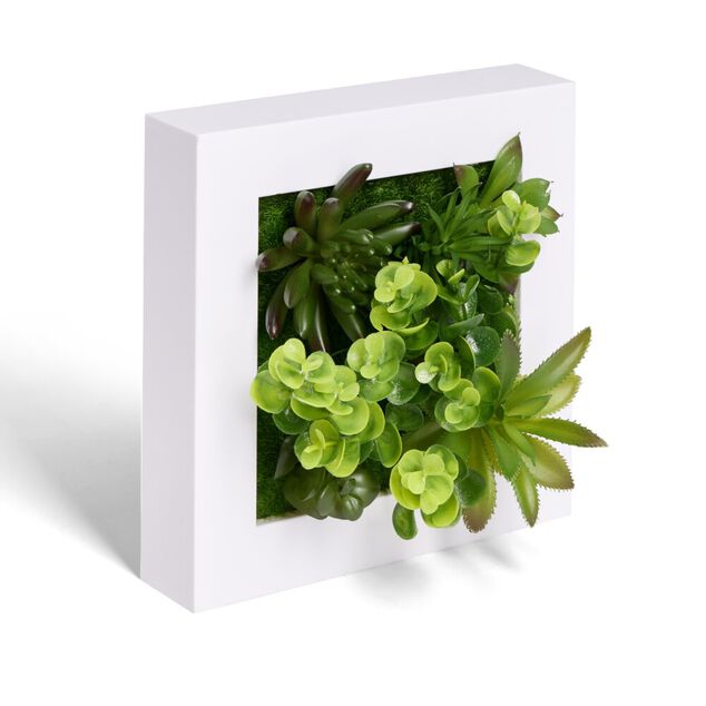 Plante artificielle d&eacute;coration murale cadre bois blanc 20x20cm