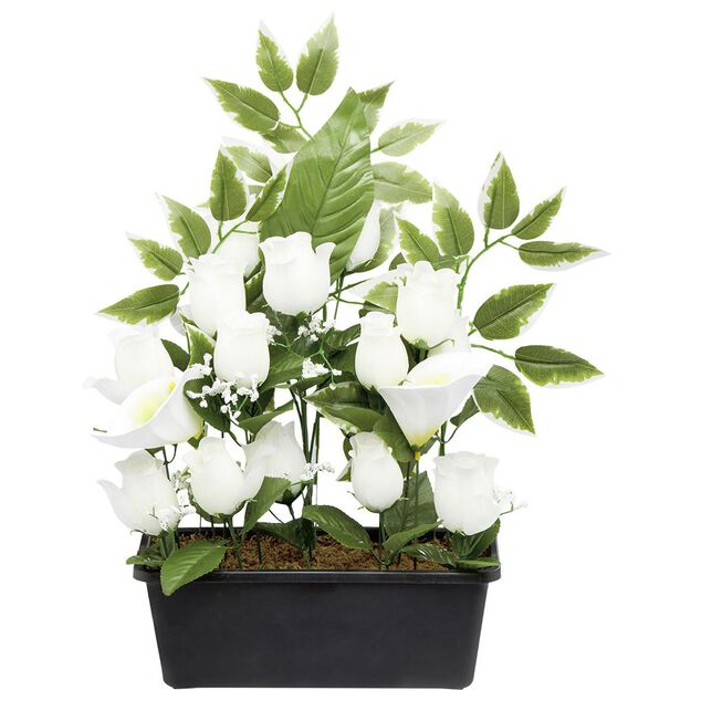 Jardini&egrave;re rose+arum 20 t&ecirc;tes blanc