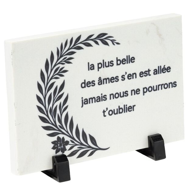 Plaque fun&eacute;raire inscription et d&eacute;co branche granit et pied m&eacute;tal 18x8,5xH12,5cm