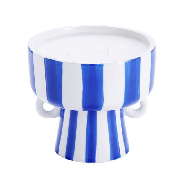Bougie parfum&eacute;e pot c&eacute;ramique &agrave; rayures &Oslash;10xH9,5cm (2 mod&egrave;les)