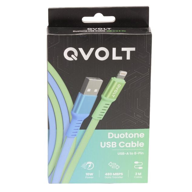C&acirc;ble USB-A vers Lightning charge rapide bicolore vert et bleu 2m