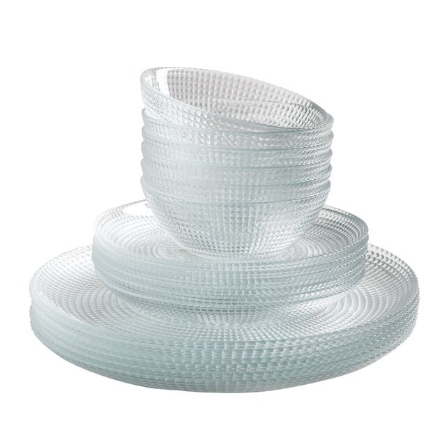 Service vaisselle en verre transparent 18 pièces pour 6 personnes