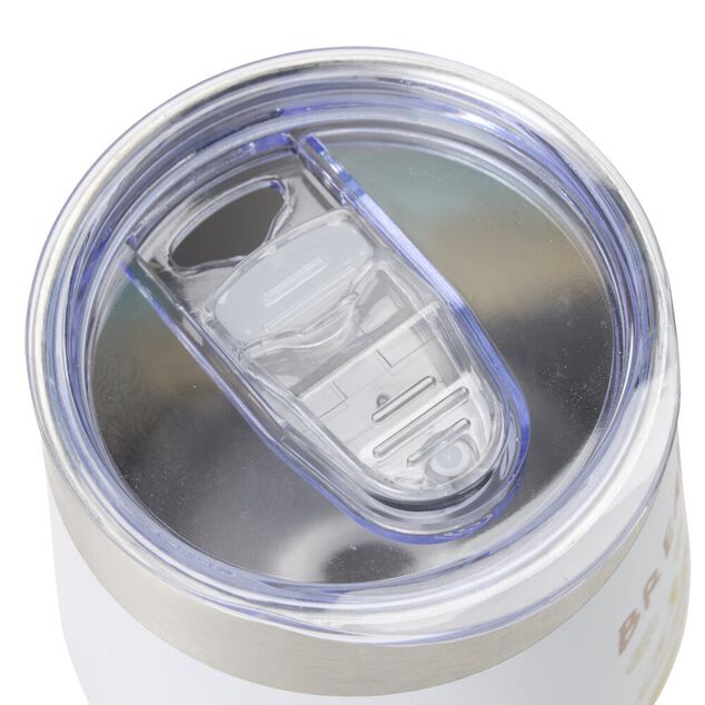 Mug de transport inox petit d&eacute;jeuner &Oslash;8xH12cm (2 mod&egrave;les imprim&eacute; blanc ou jaune)