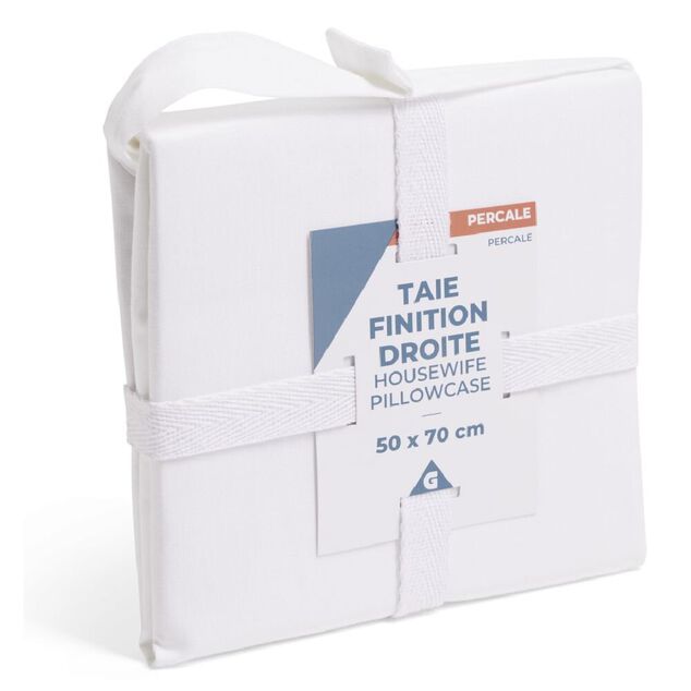 Taie d'oreiller 50x70cm 100% coton percale finition droite blanc