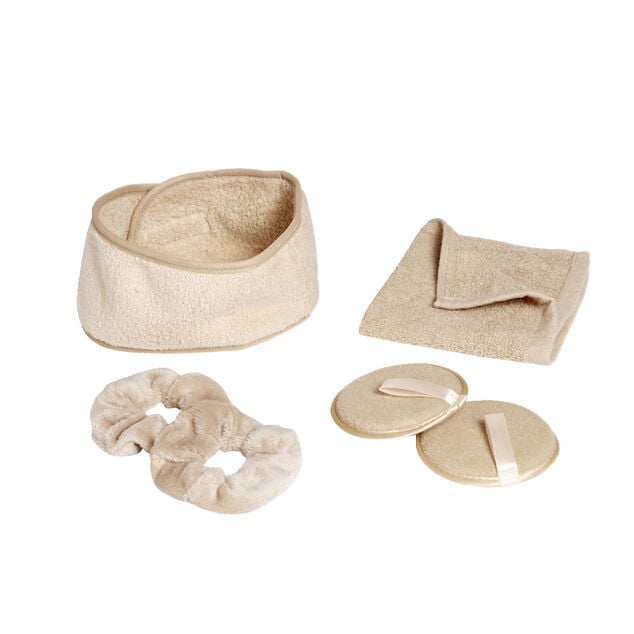 Set de bain femme avec serviette/disque d&eacute;maquillant/chouchou/bandeau