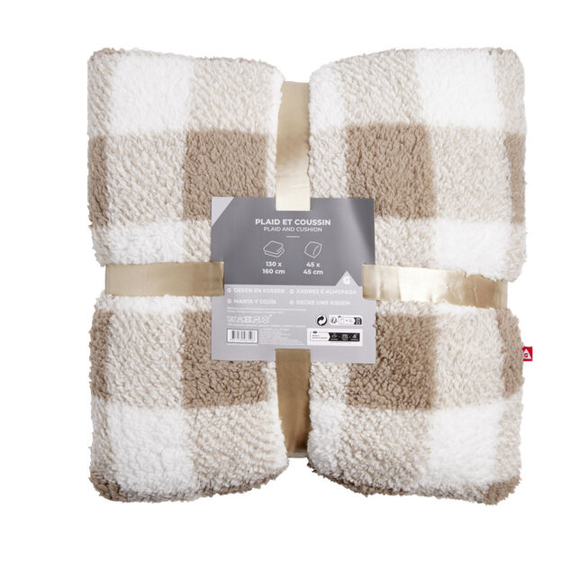 Plaid 130x160cm avec coussin 45x45cm motif tartan - 3 modèles