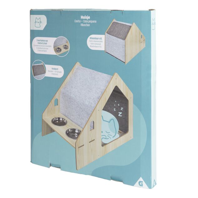 Maison pour chat niche 2 gamelles et 1 griffoir