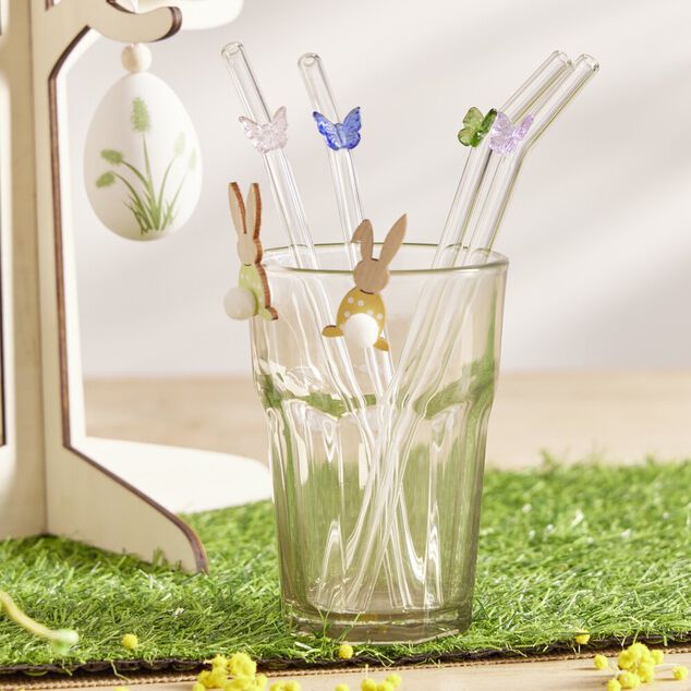 Paille en verre x4 d&eacute;cor papillon avec goupillon L20cm
