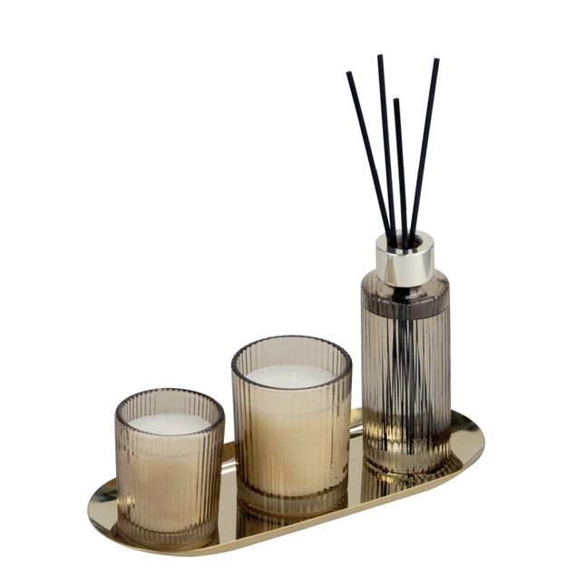Coffret senteur bougie x2 avec diffuseur 100ml et plateau m&eacute;tal dor&eacute; (3 mod&egrave;les)