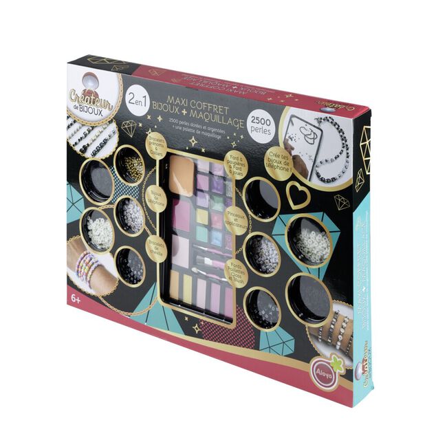 Coffret maxi 2en1 fabrique à bijoux perles et maquillage 36x47cm
