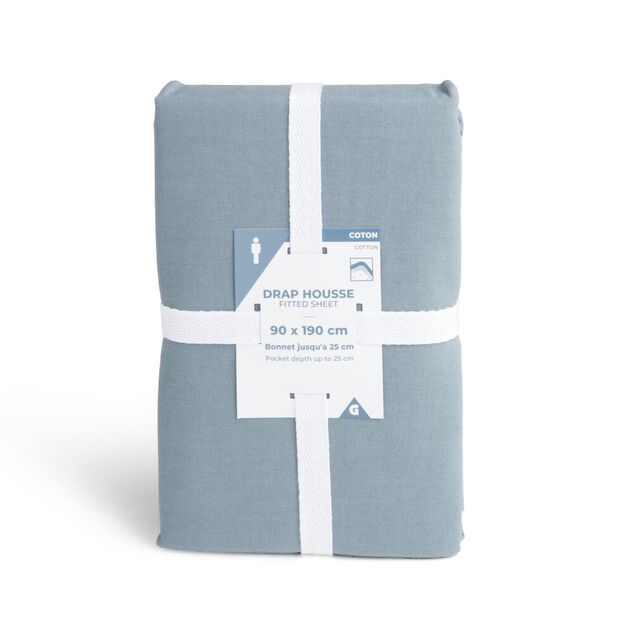 Drap housse 90x190cm 100% coton bleu chin&eacute;