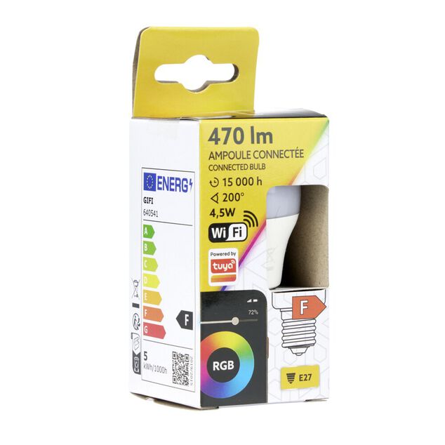Ampoule LED connect&eacute;e couleurs changeantes RGB 200&deg; E27 470lms 4,5W