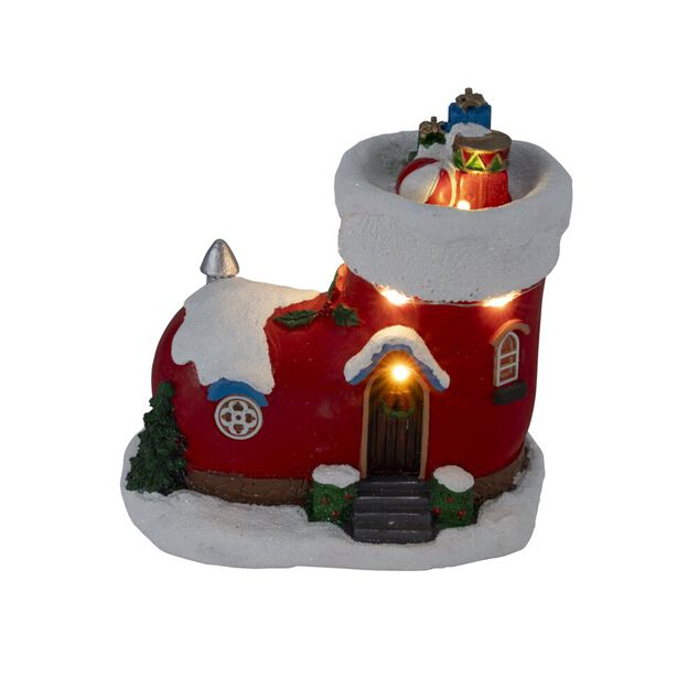 Maison de No&euml;l lumineuse forme botte rouge et blanche polyr&eacute;sine 13x9xH13cm