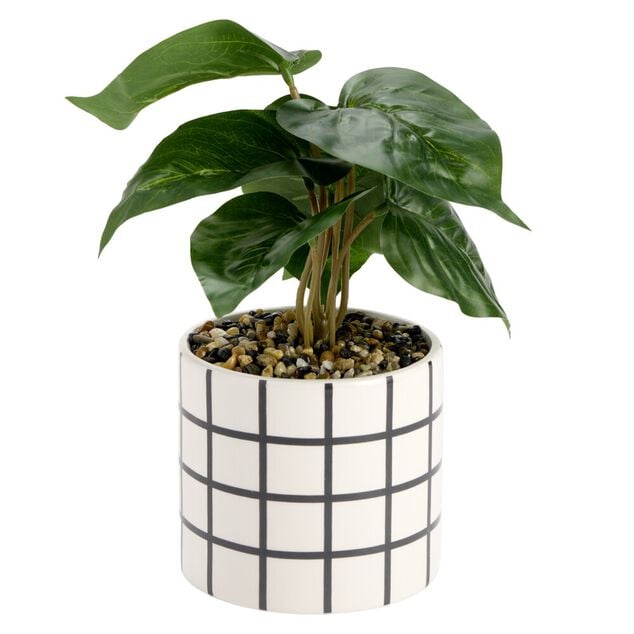 Plante verte artificielle dans pot dolomite blanc &agrave; motif noir &Oslash;12xH24cm (2 mod&egrave;les)