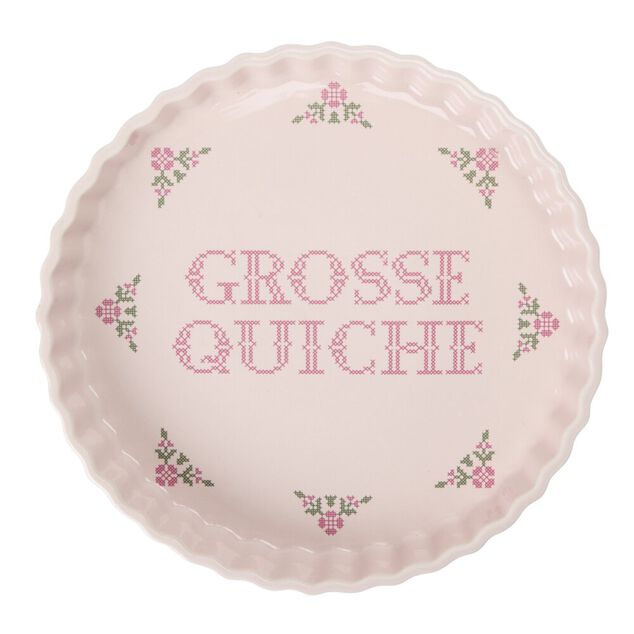 Moule &agrave; tarte c&eacute;ramique inscription Grosse Quiche fa&ccedil;on point de croix rose &Oslash;27cm