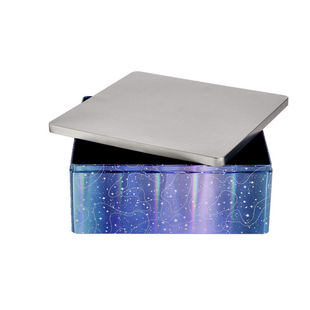 Bo&icirc;te alimentaire carr&eacute; en fer d&eacute;cor bleu et argent&eacute; 26x26xH10cm