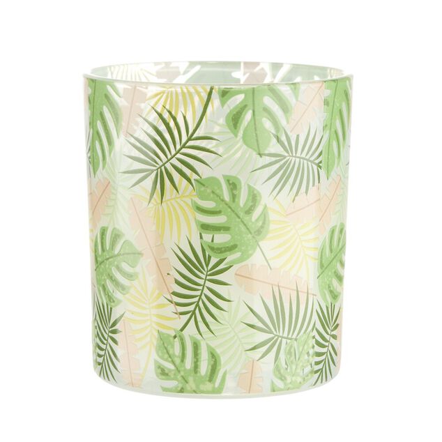 Bougie parfum&eacute;e dans pot verre feuillage phosphorescent &Oslash;8,5xH10cm (3mod&egrave;les)