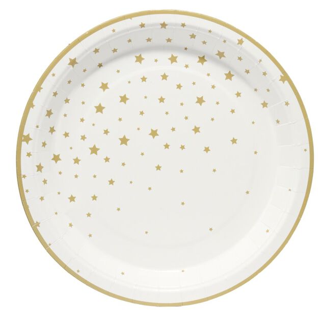 Assiette en papier X8 pcs imprim&eacute; &eacute;toile &Oslash;23XH1,5 cm blanc et dor&eacute;